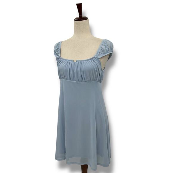 NEW Hippie Rose LIght Blue Coquette Mini Dress Size Large Y2K Babydoll Empire - Picture 2 of 9